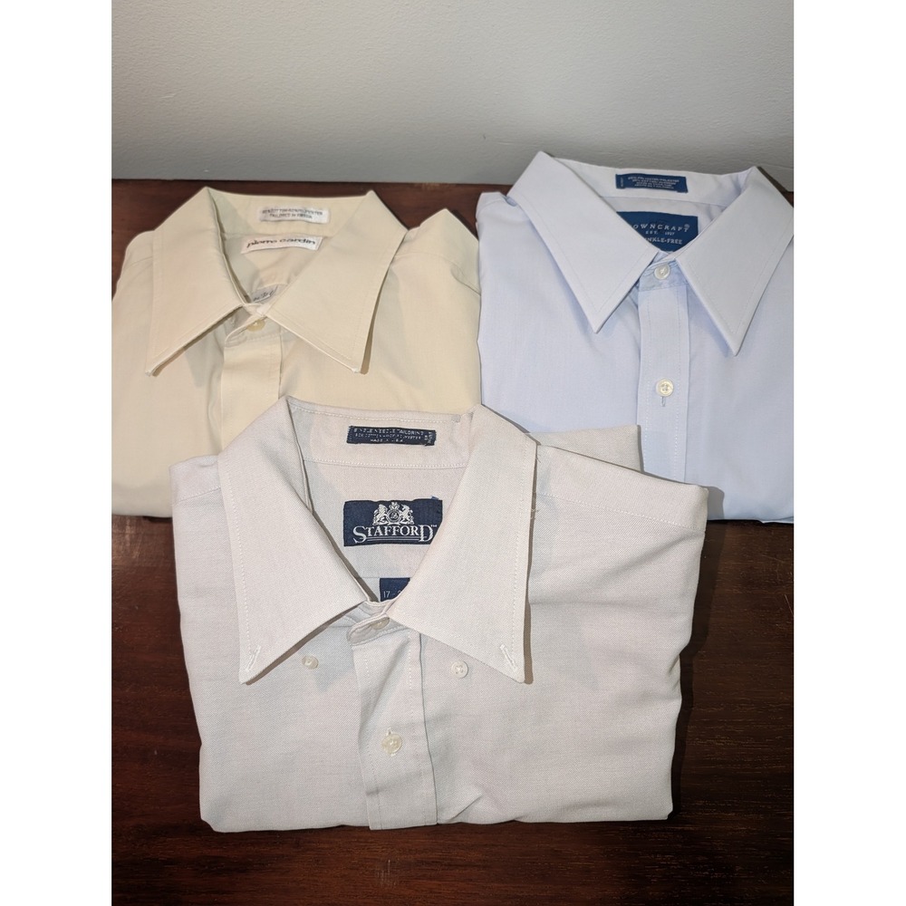 Lot of 3 Mens Dress Shirts Towncraft Stafford Pierre Cardin 17 34/35 Blue Tan
